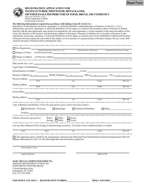 State Form 13054 Registration Application for Manufacturer, Processor, Repackager, or Wholesale Distributor of Food, Drugs, or Cosmetics - Indiana