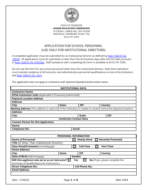 Application for School Personnel (Use Only for Institutional Directors) - Tennessee Download Pdf