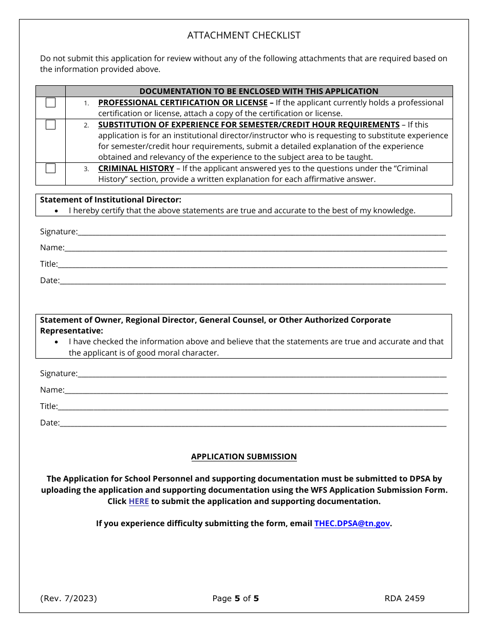 Application for School Personnel (Use Only for Institutional Directors) - Tennessee, Page 5