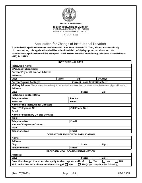 Application for Change of Institutional Location - Tennessee Download Pdf
