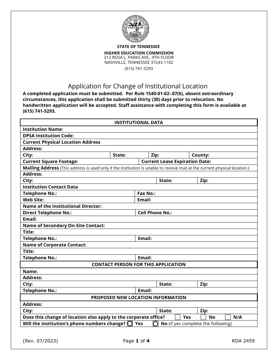 Application for Change of Institutional Location - Tennessee, Page 1