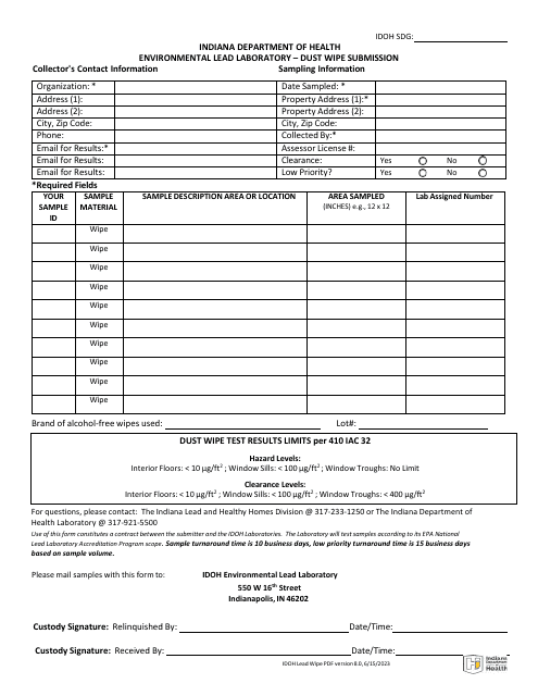 Lead in Dust Wipes Submission Form - Indiana Download Pdf