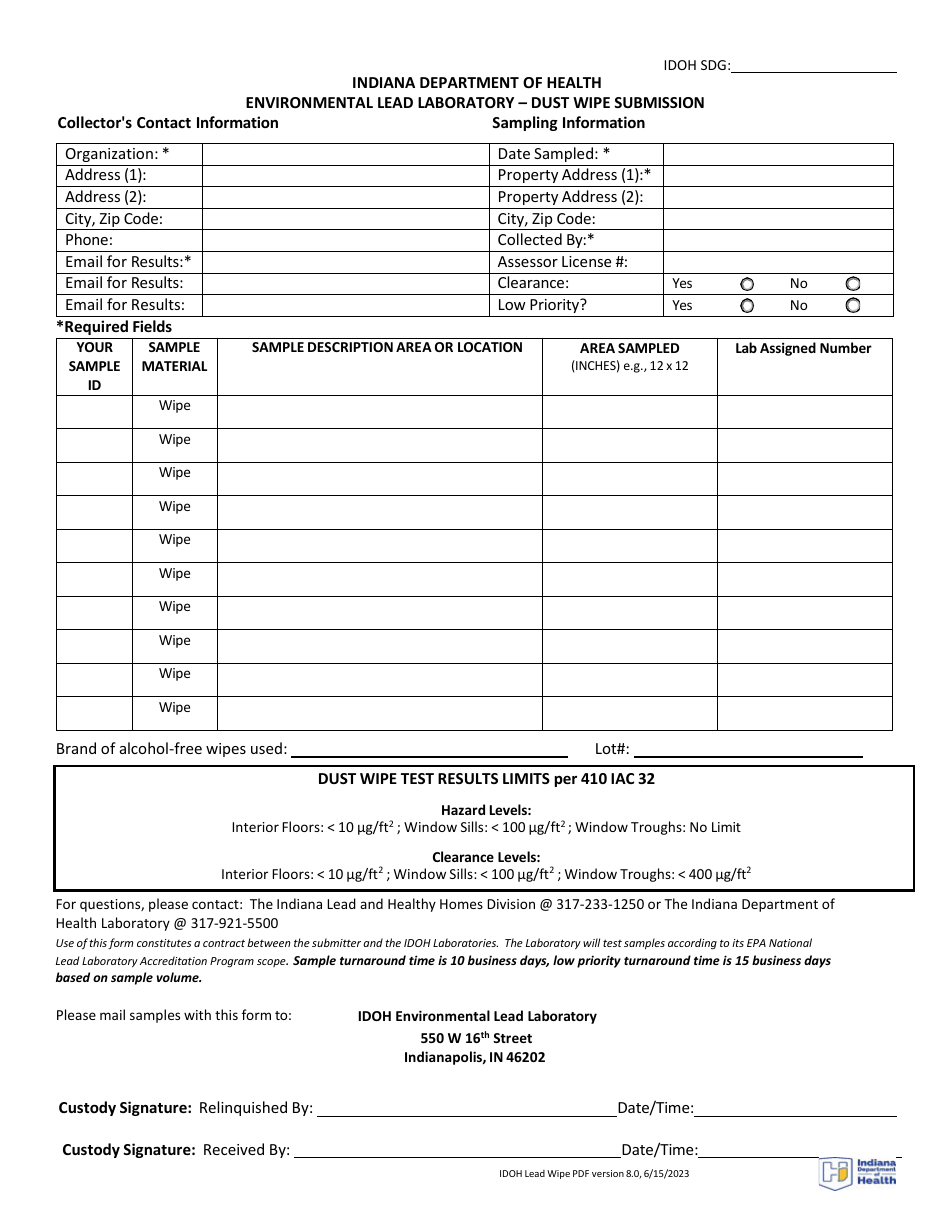 Lead in Dust Wipes Submission Form - Indiana, Page 1
