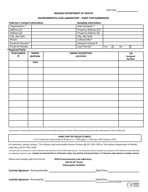 Lead in Paint Chips Submission Form - Indiana Download Pdf
