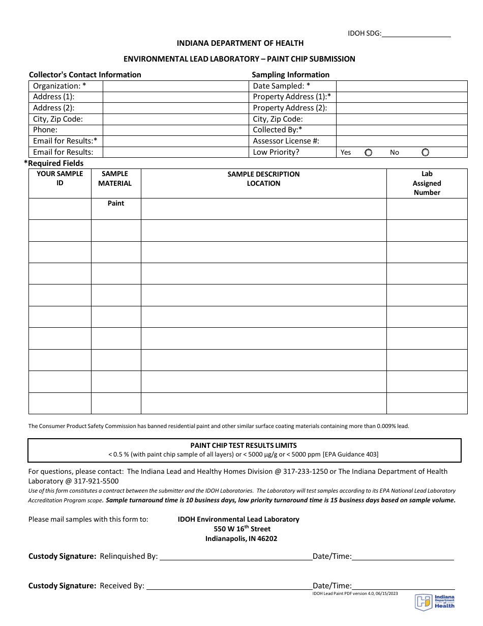 Indiana Lead in Paint Chips Submission Form Fill Out, Sign Online and
