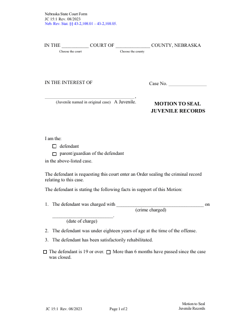 Form JC15:1 Motion to Seal Juvenile Records - Nebraska