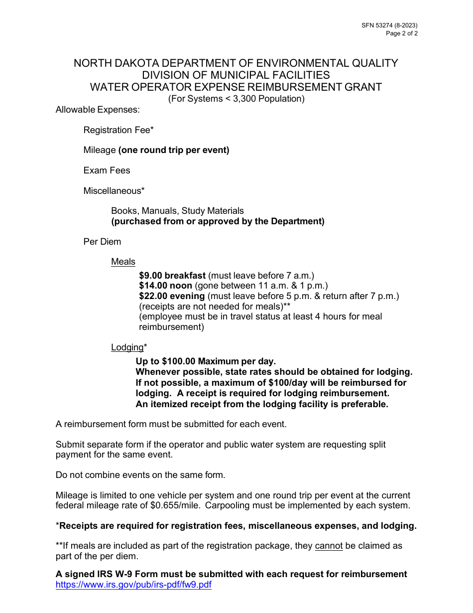 Form SFN53274 Operator Expense Reimbursement - North Dakota, Page 2