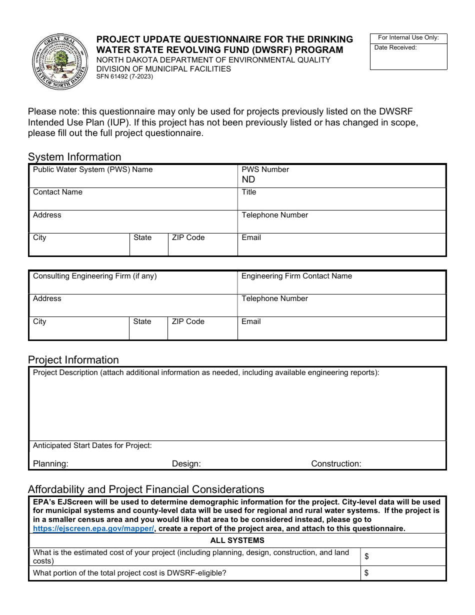 Form SFN61492 Project Update Questionnaire for the Drinking Water State Revolving Fund (Dwsrf) Program - North Dakota, Page 1