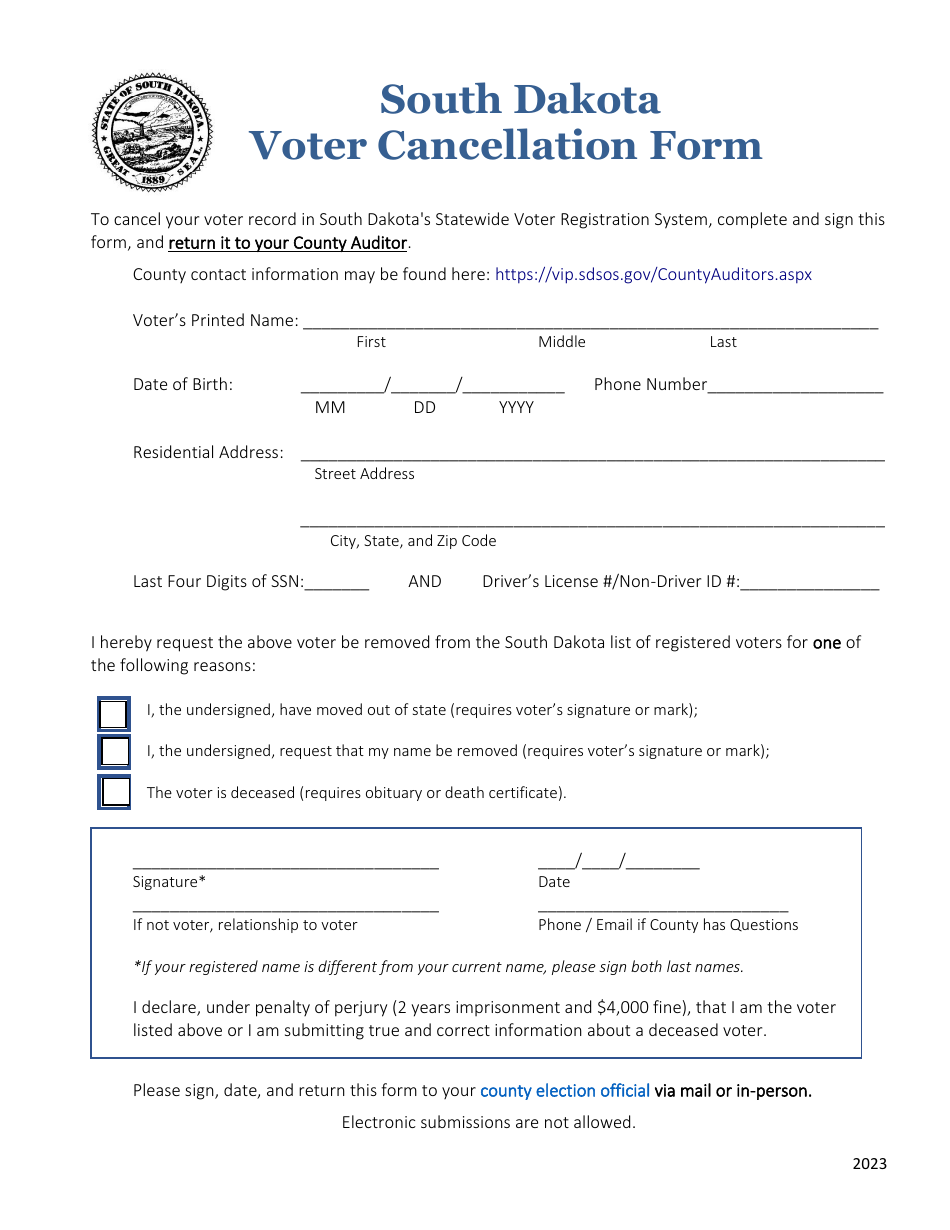 Voter Cancellation Form - South Dakota, Page 1
