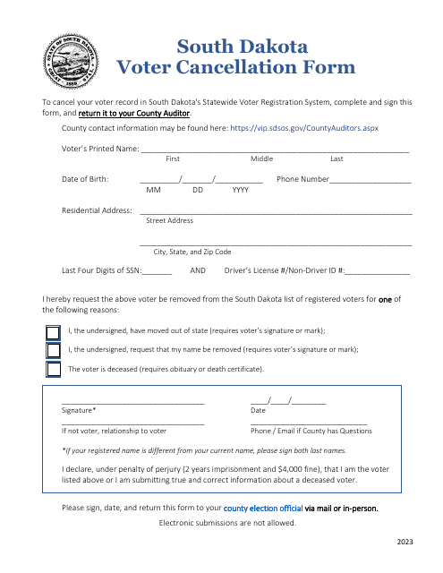 Voter Cancellation Form - South Dakota Download Pdf