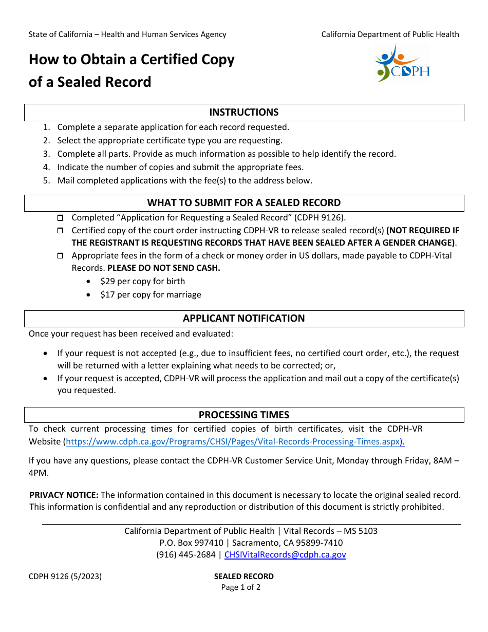 Form CDPH9126 Application for Requesting a Sealed Record - California, Page 1