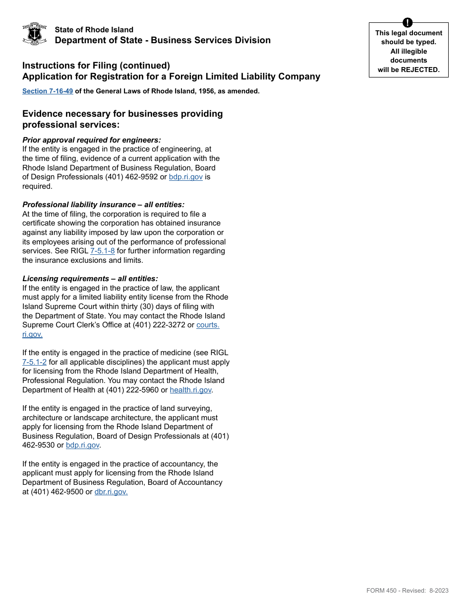 Form 450 Application for Registration for a Foreign Limited Liability Company - Rhode Island, Page 2