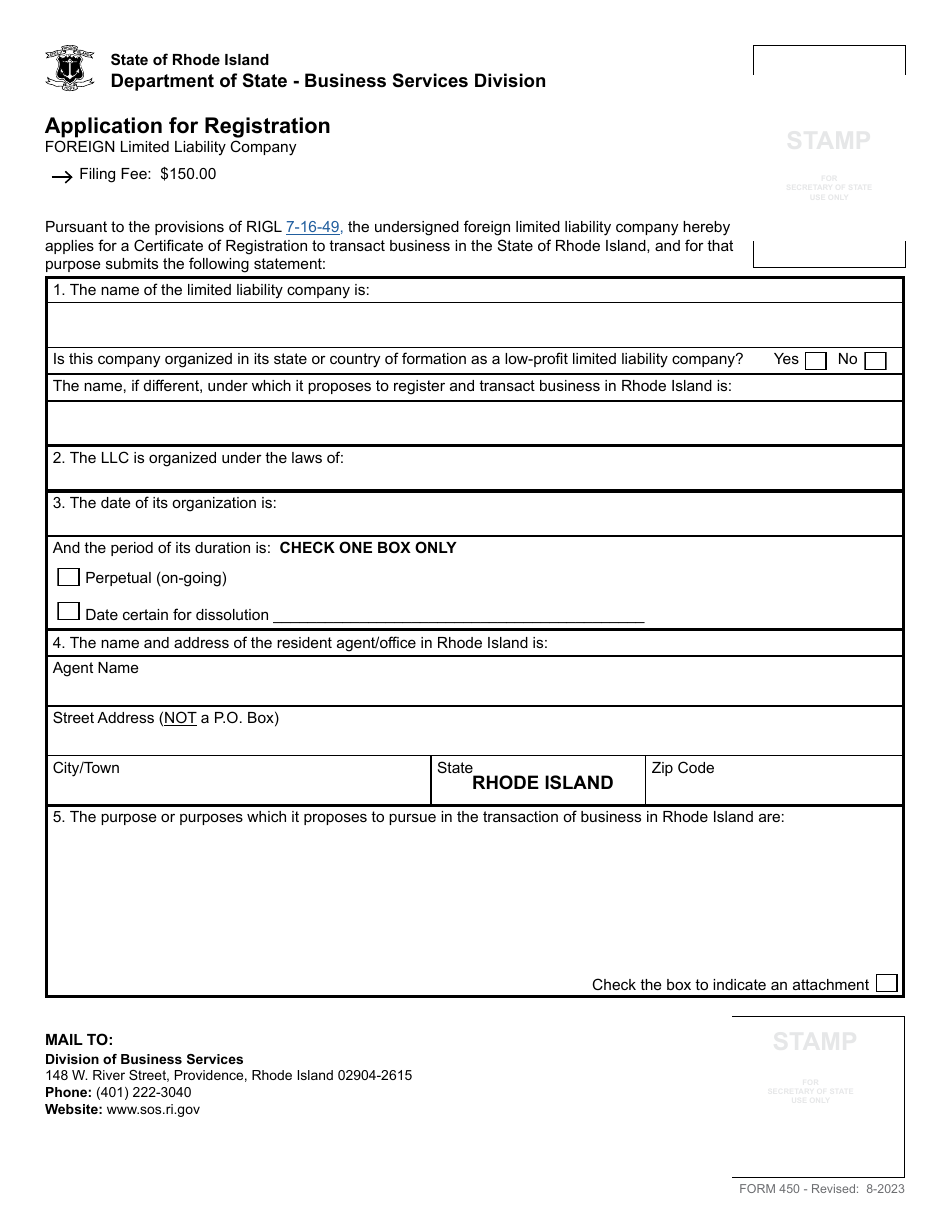 Form 450 Application for Registration for a Foreign Limited Liability Company - Rhode Island, Page 3