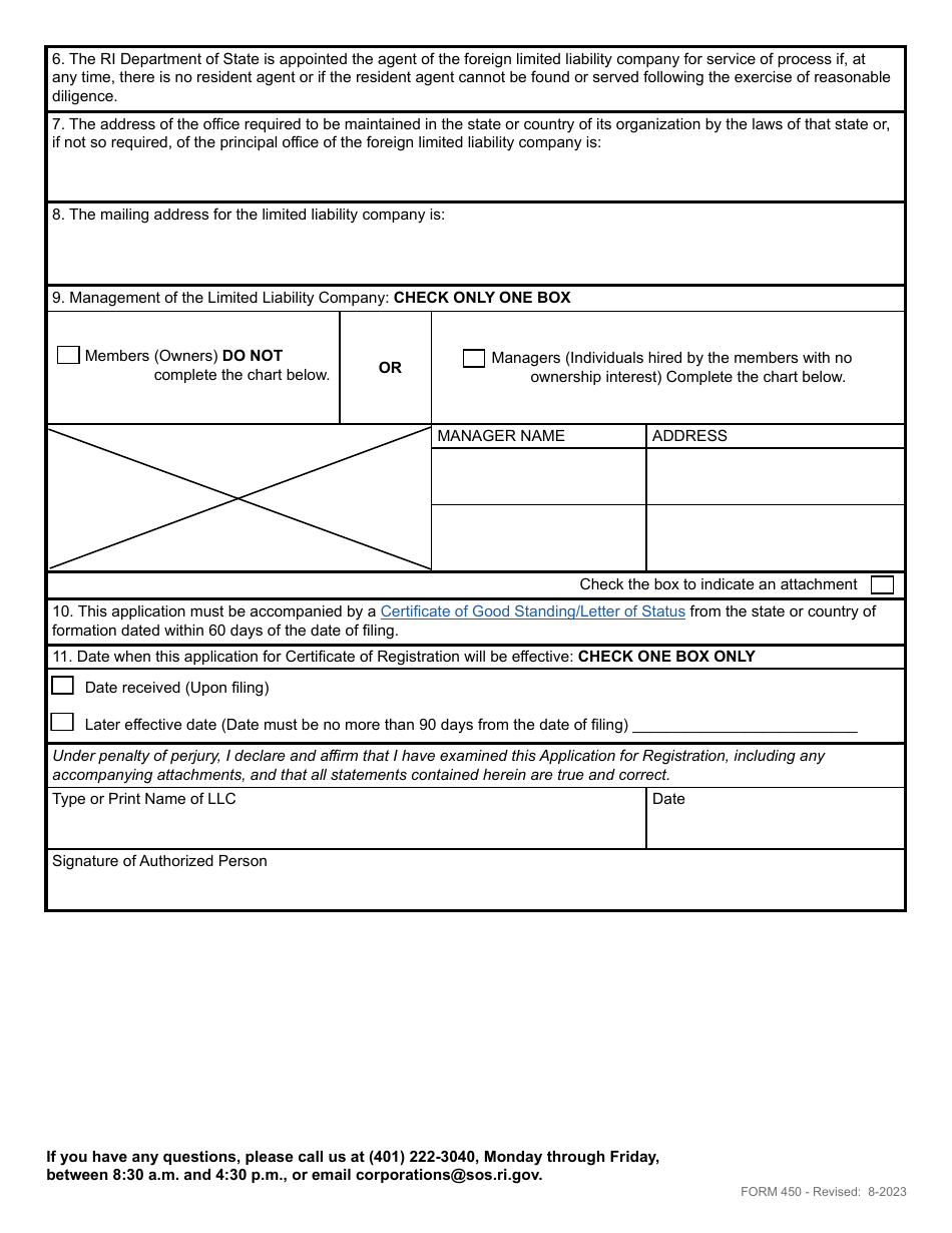 Form 450 Application for Registration for a Foreign Limited Liability Company - Rhode Island, Page 4