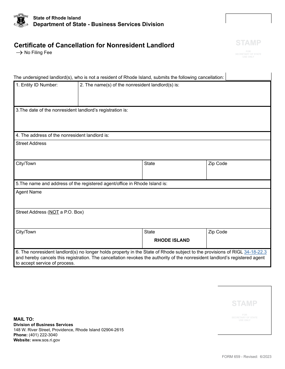 Form 659 Certificate of Cancellation for Nonresident Landlord - Rhode Island, Page 2