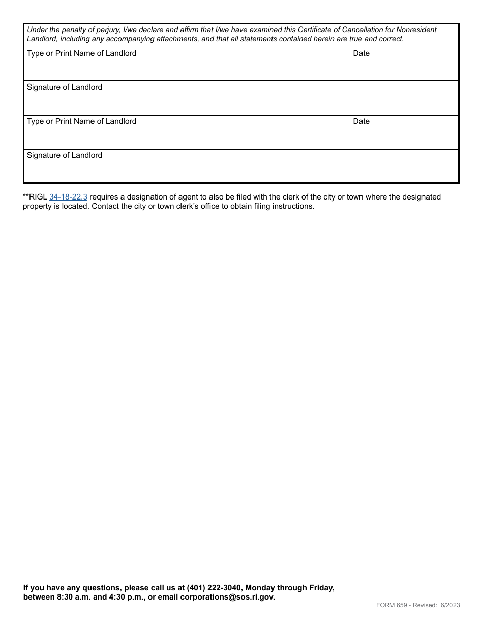Form 659 Certificate of Cancellation for Nonresident Landlord - Rhode Island, Page 3