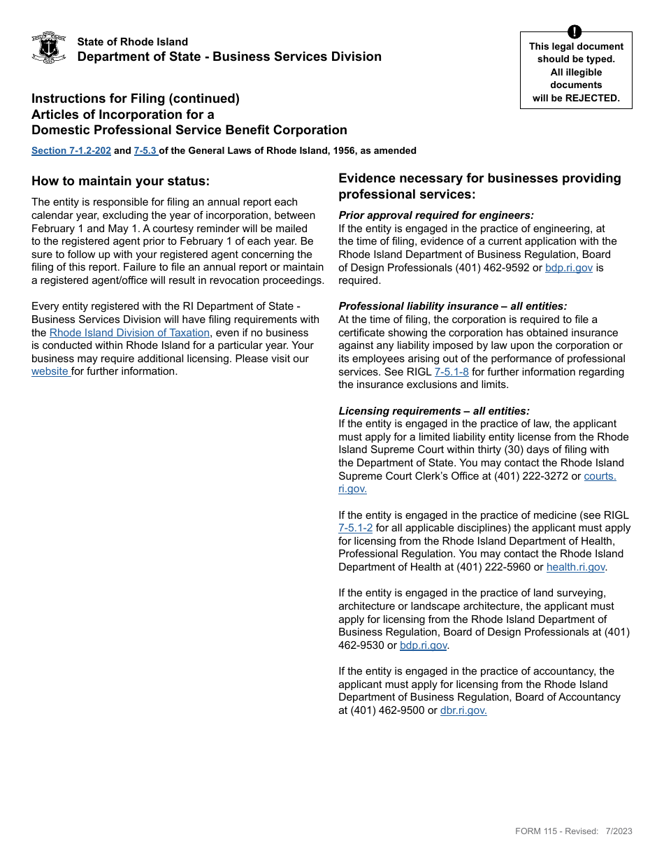 Form 115 Articles of Incorporation for a Domestic Professional Service Benefit Corporation - Rhode Island, Page 2