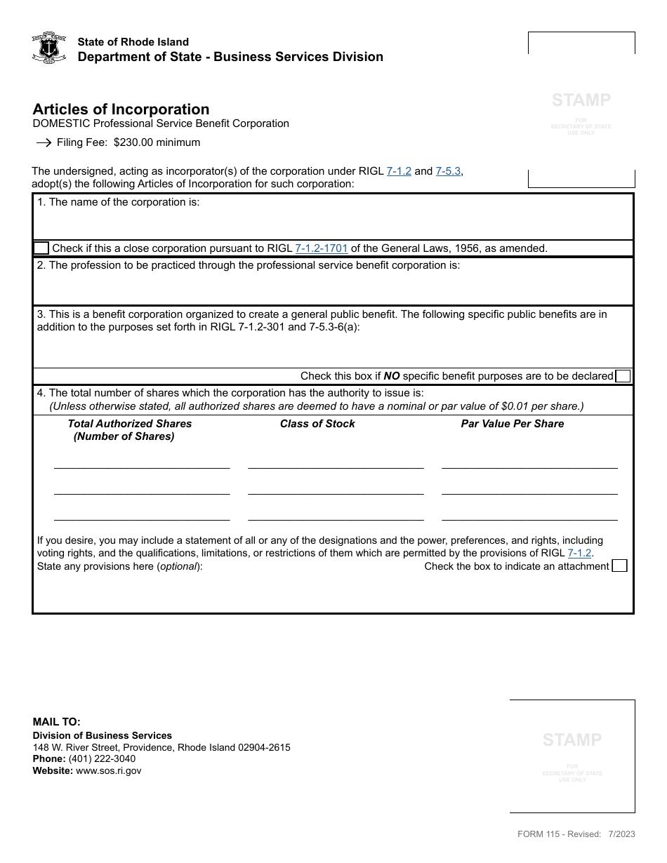 Form 115 Articles of Incorporation for a Domestic Professional Service Benefit Corporation - Rhode Island, Page 3