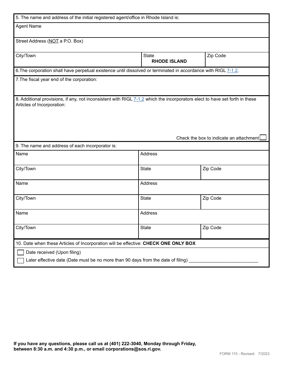 Form 115 Articles of Incorporation for a Domestic Professional Service Benefit Corporation - Rhode Island, Page 4