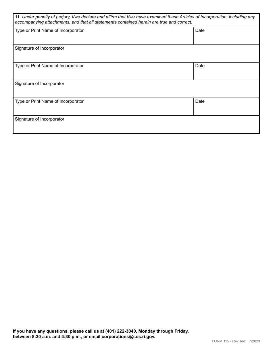 Form 115 Articles of Incorporation for a Domestic Professional Service Benefit Corporation - Rhode Island, Page 5