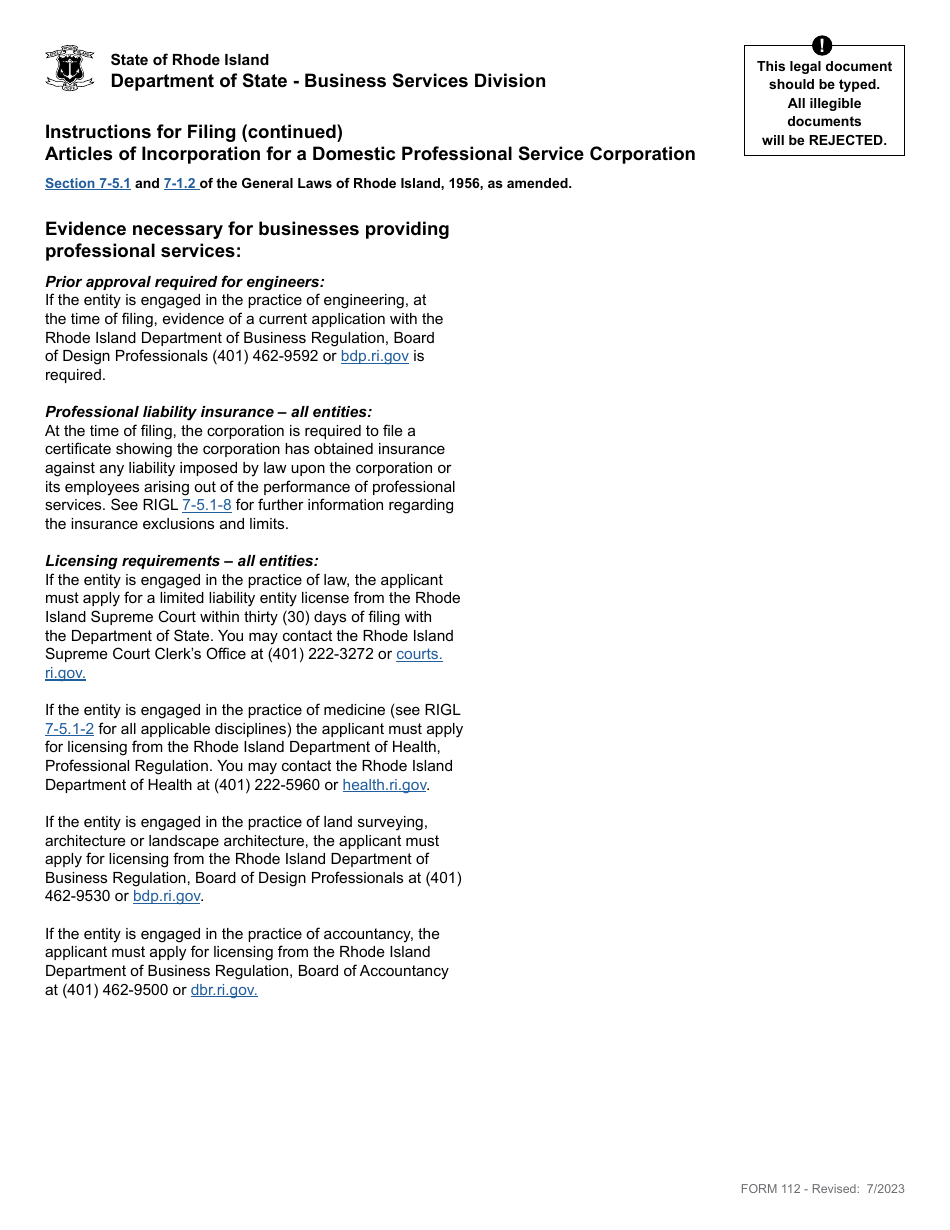 Form 112 Articles of Incorporation for a Domestic Professional Service Corporation - Rhode Island, Page 2