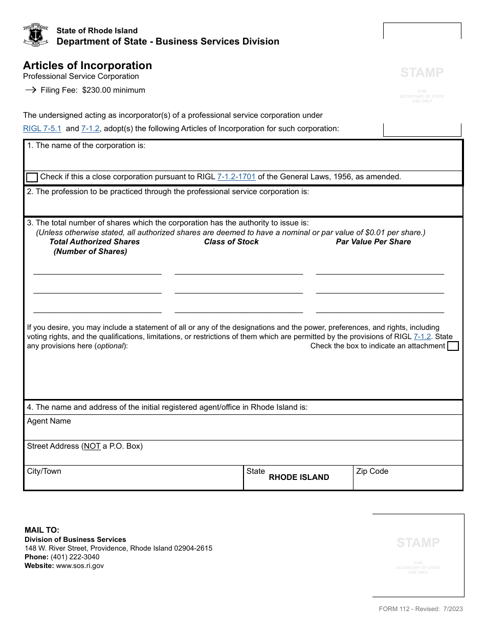 Form 112 Articles of Incorporation for a Domestic Professional Service Corporation - Rhode Island, Page 3