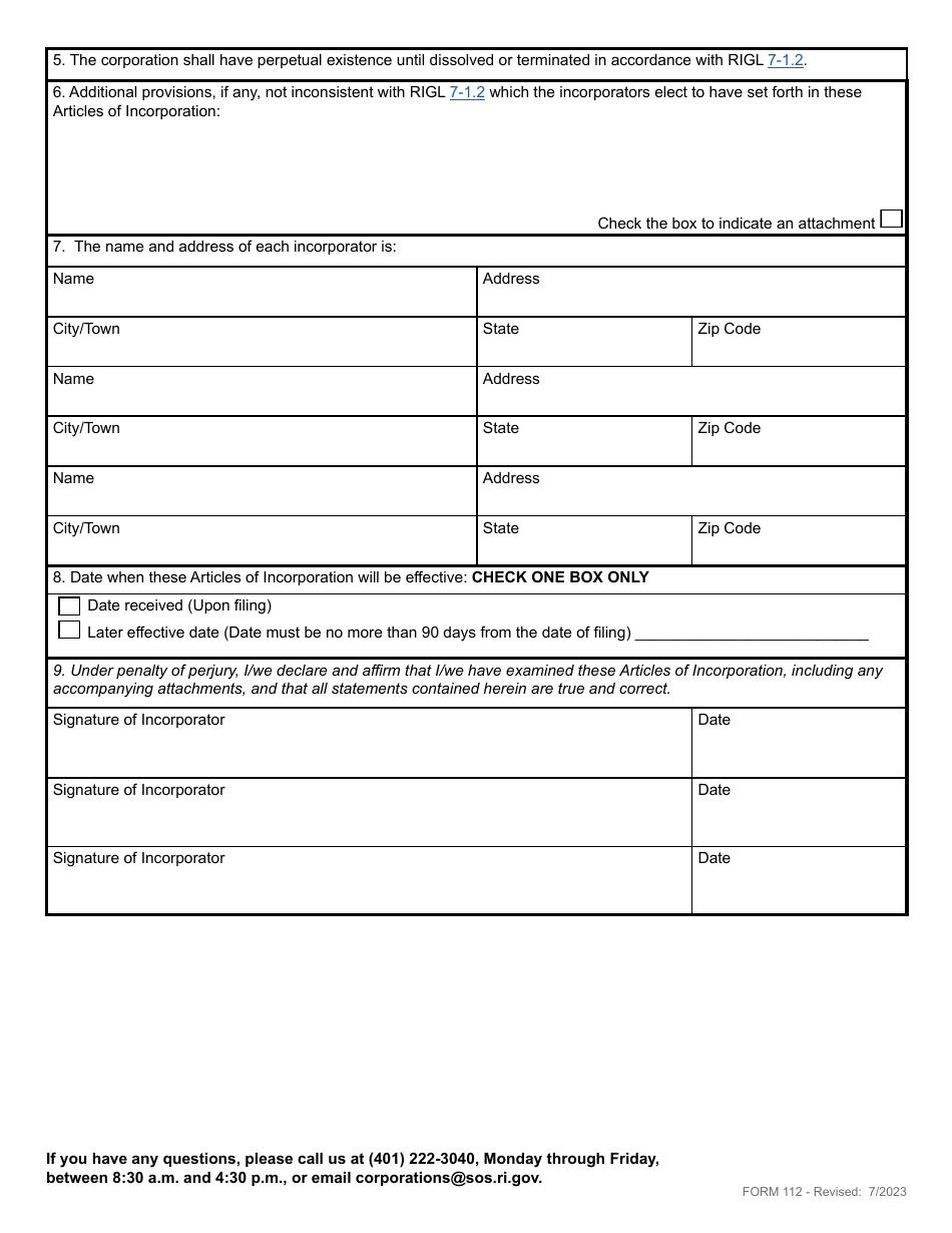 Form 112 Articles of Incorporation for a Domestic Professional Service Corporation - Rhode Island, Page 4