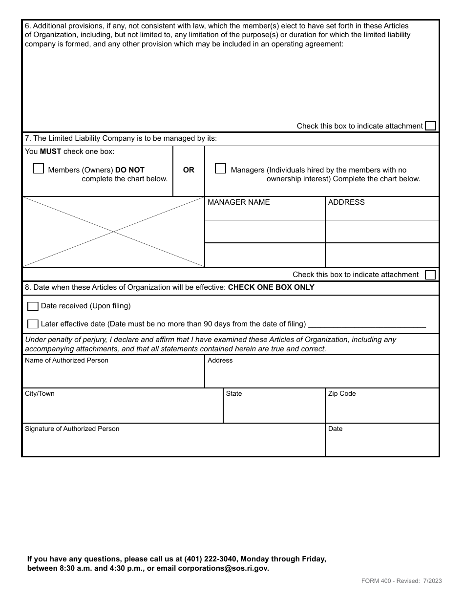 Form 400 Articles of Organization for a Domestic Limited Liability Company - Rhode Island, Page 3