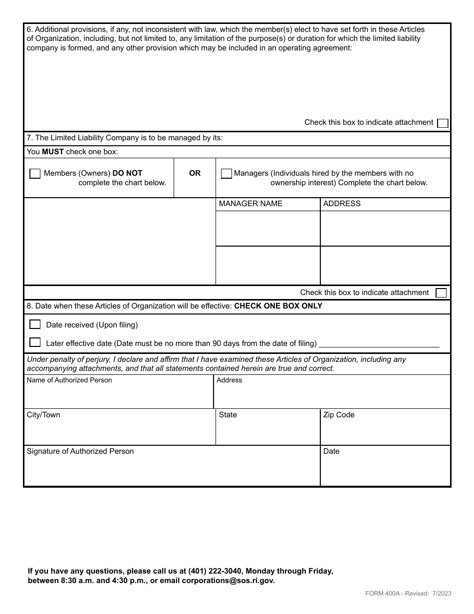 Form 400A Articles of Organization for a Domestic L3c Limited Liability Company - Rhode Island, Page 4