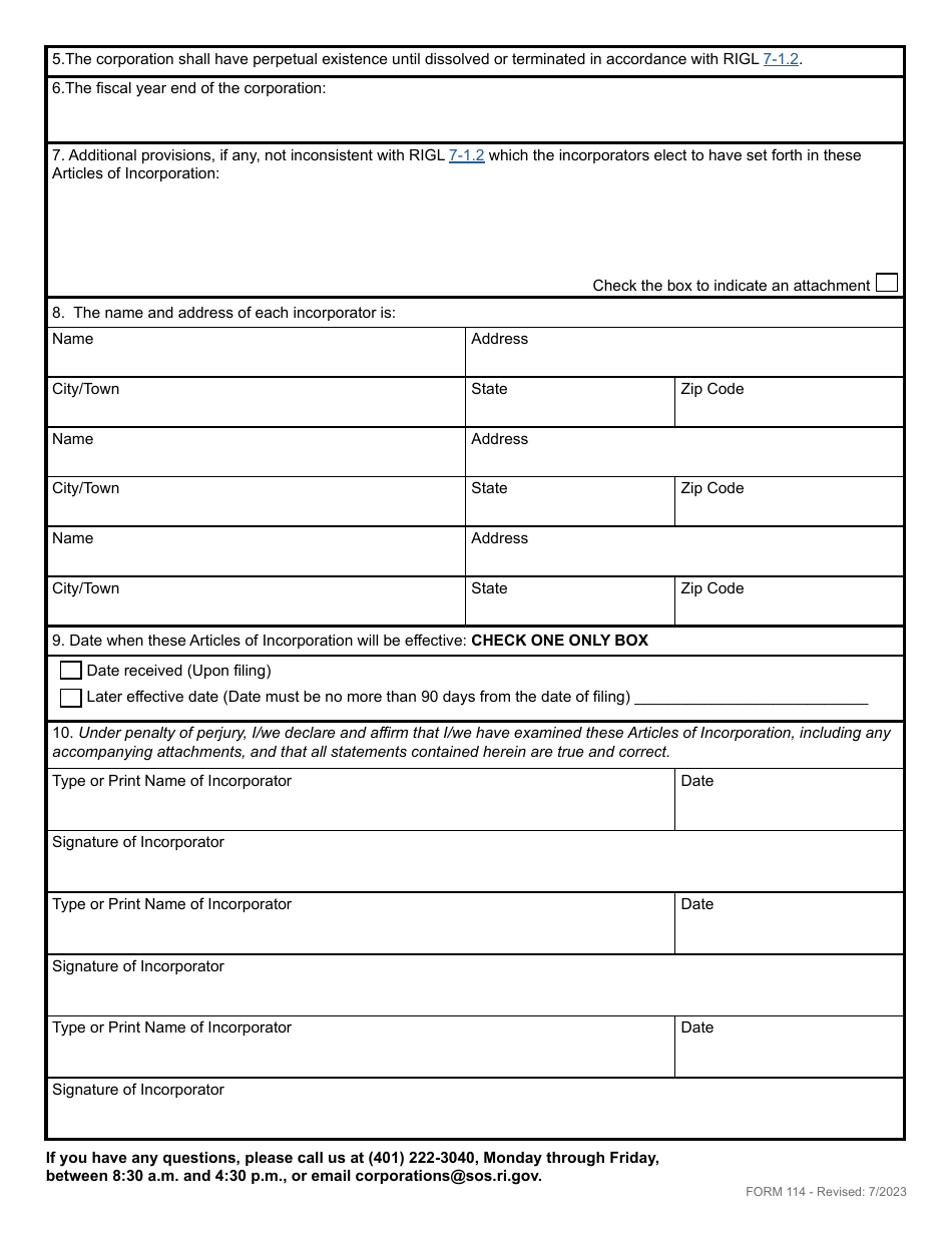 Form 114 Articles of Incorporation for a Domestic Benefit Corporation - Rhode Island, Page 3