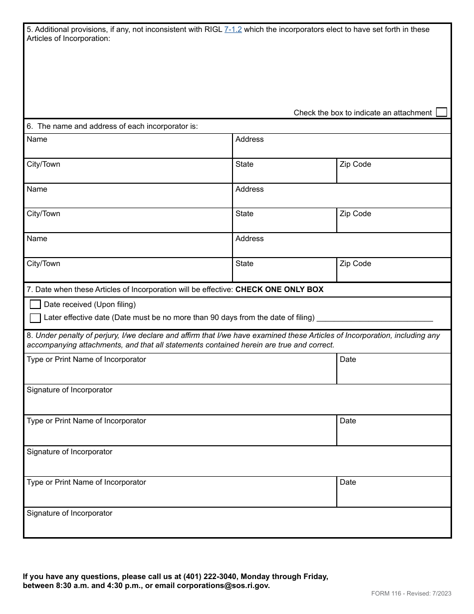 Form 116 Articles of Incorporation for a Domestic Workers Cooperative - Rhode Island, Page 3