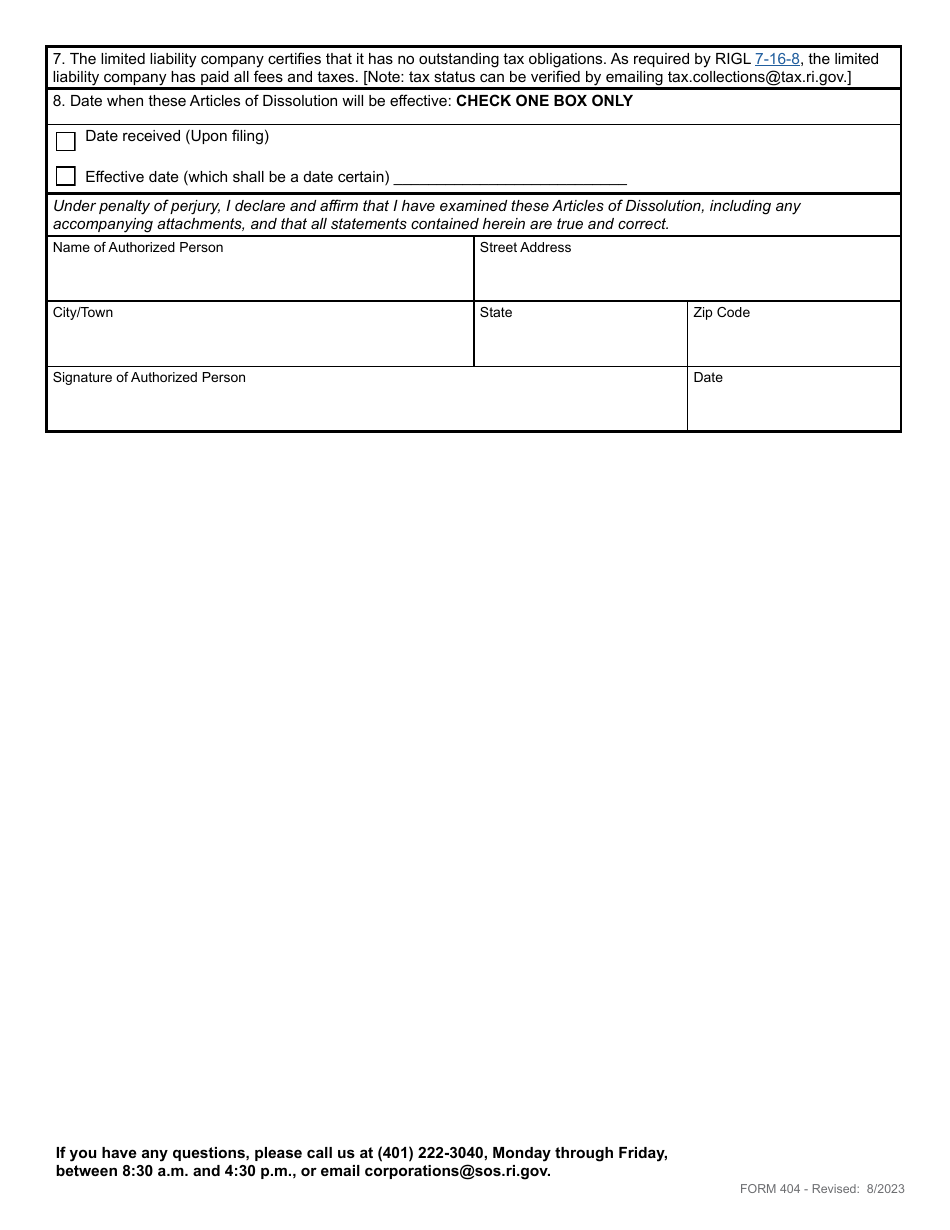 Form 404 Articles of Dissolution for a Domestic Limited Liability Company - Rhode Island, Page 3