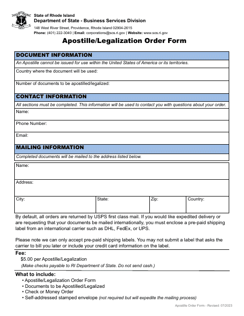 Apostille/Legalization Order Form - Rhode Island
