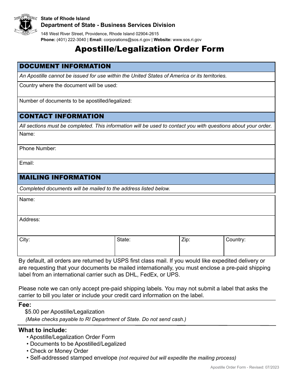 Apostille / Legalization Order Form - Rhode Island, Page 1
