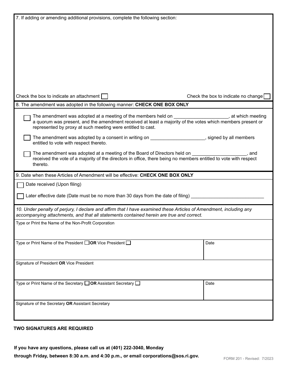 Form 201 Articles of Amendment for a Domestic Non-profit Corporation - Rhode Island, Page 3