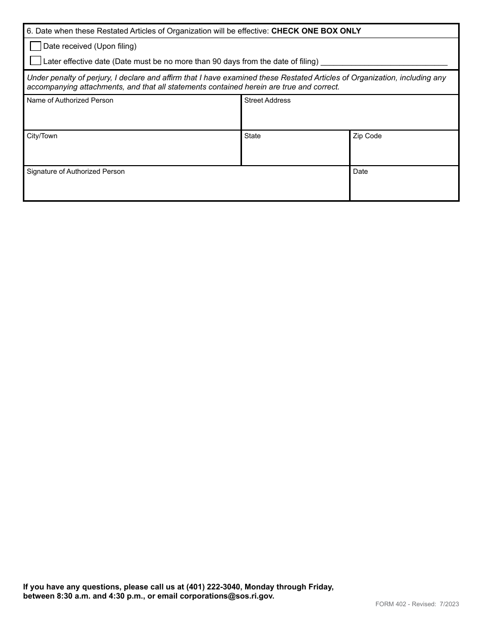 Form 402 Restated Articles of Organization for a Domestic Limited Liability Company - Rhode Island, Page 3