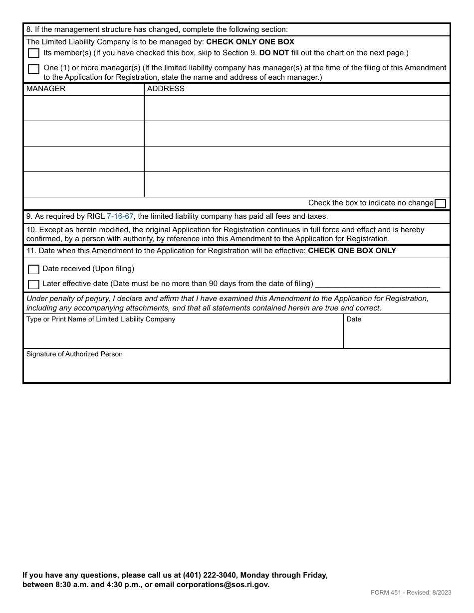Form 451 Amendment to Application for Registration of a Foreign Limited Liability Company - Rhode Island, Page 3