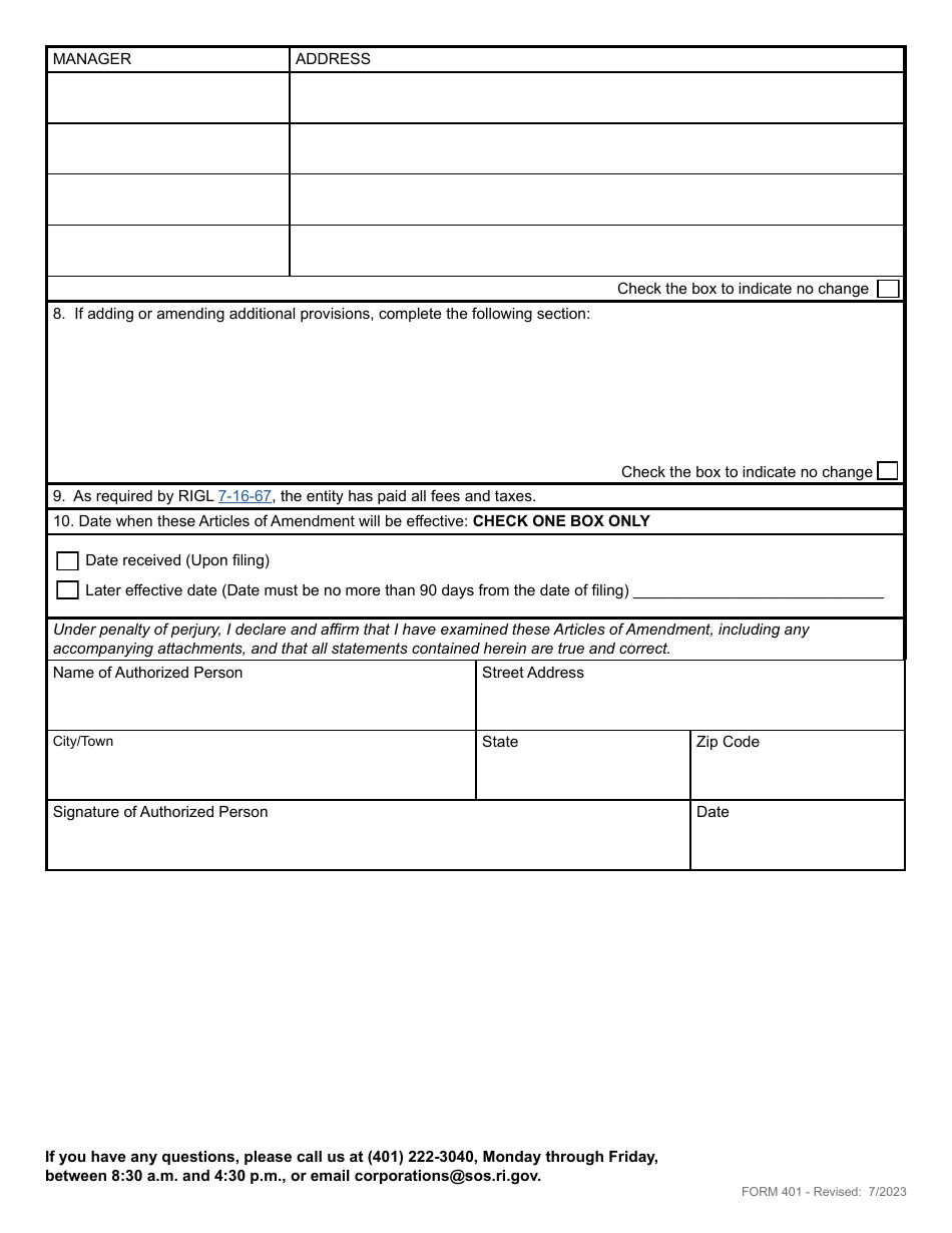 Form 401 Articles of Amendment to Articles of Organization for Domestic Limited Liability Company - Rhode Island, Page 3