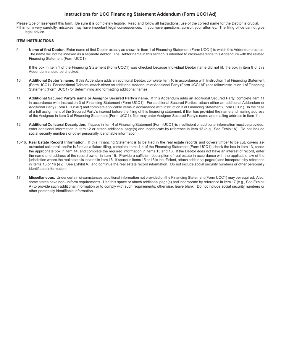 Form UCC1AD Ucc Financing Statement Addendum - Rhode Island, Page 1