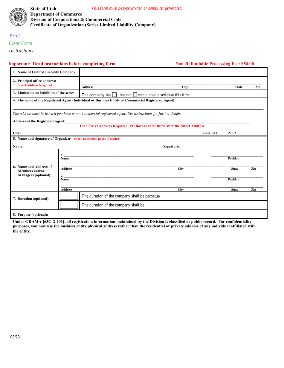 Certificate of Organization (Series Limited Liability Company) - Utah, Page 1