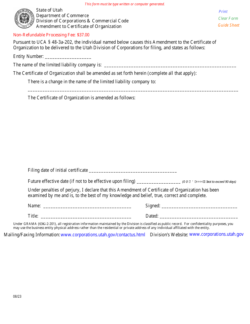 Amendment to Certificate of Organization - Utah, Page 1