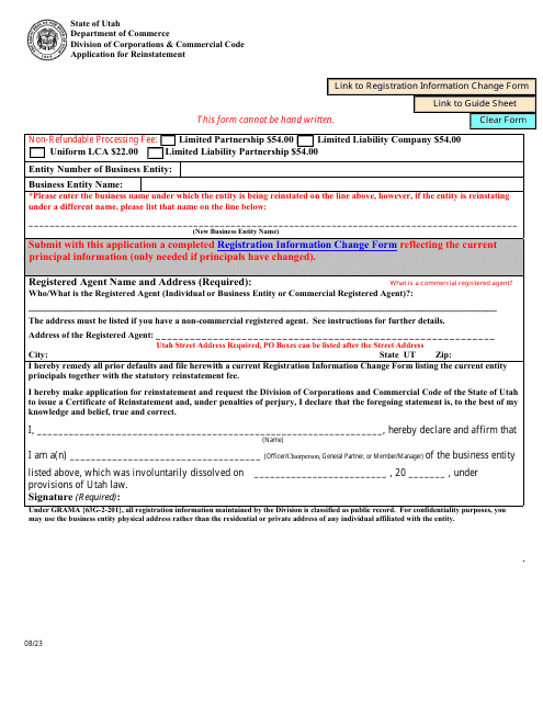 Application for Reinstatement - Utah Download Pdf