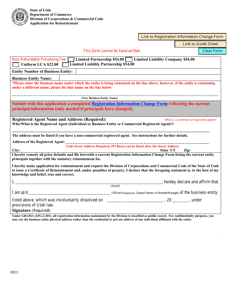 Utah Application for Reinstatement Download Fillable PDF 2019 — 2024