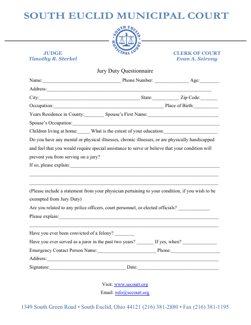 Jury Duty Questionnaire - City of South Euclid, Ohio Download Pdf