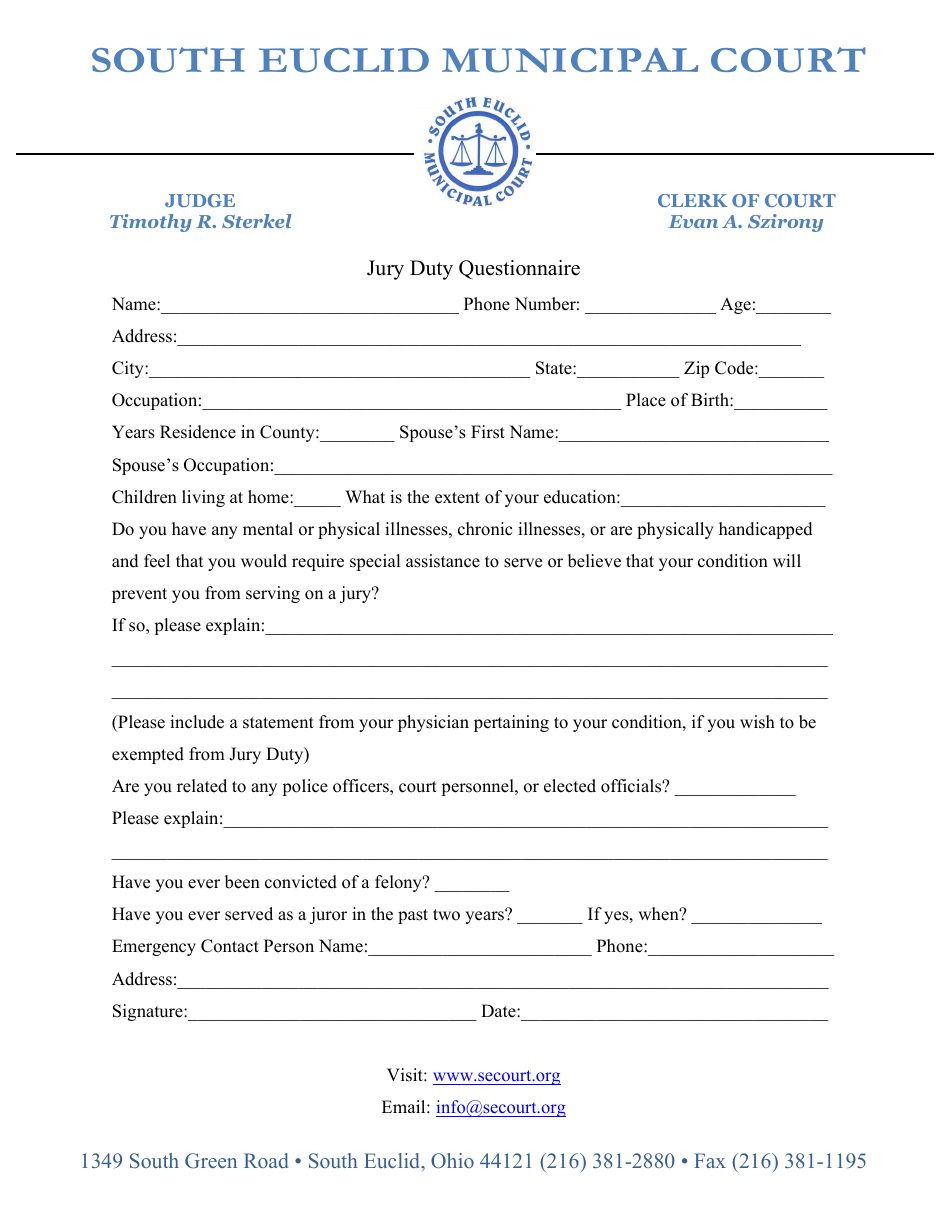 City of South Euclid, Ohio Jury Duty Questionnaire Fill Out, Sign