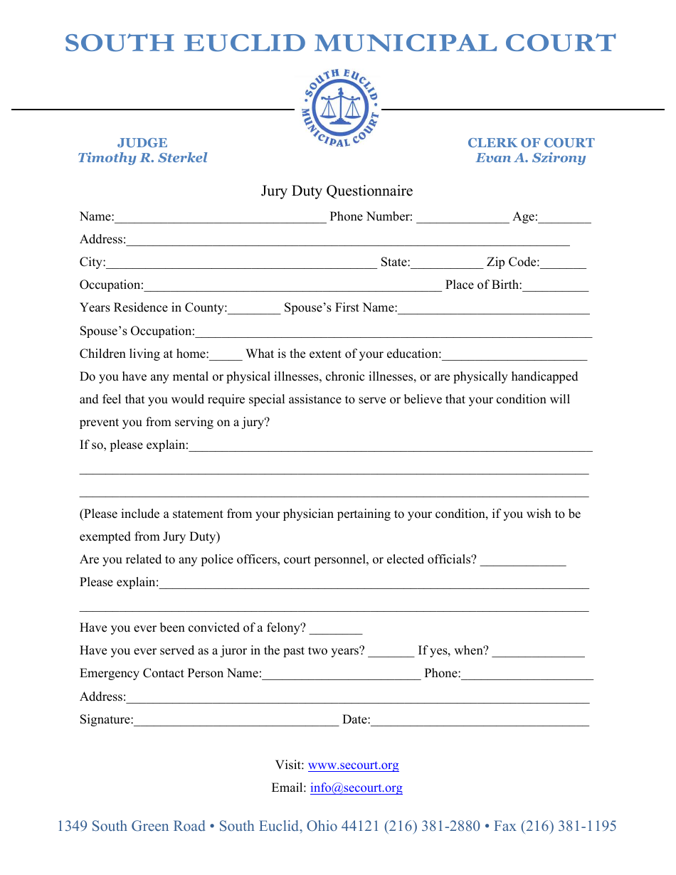 Jury Duty Questionnaire - City of South Euclid, Ohio, Page 1