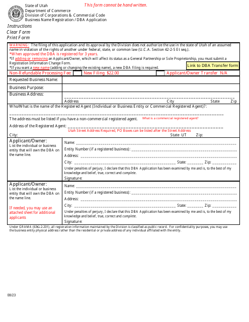 Business Name Registration / Dba Application - Utah Download Pdf