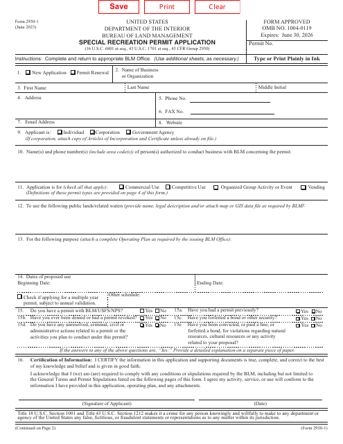 Form 2930-1 Special Recreation Permit Application