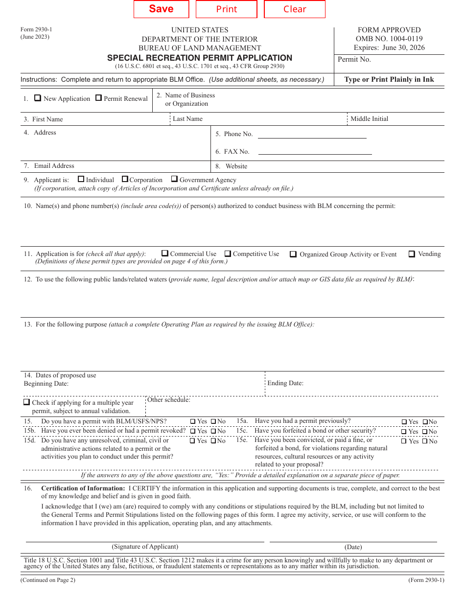 Form 2930-1 Special Recreation Permit Application, Page 1