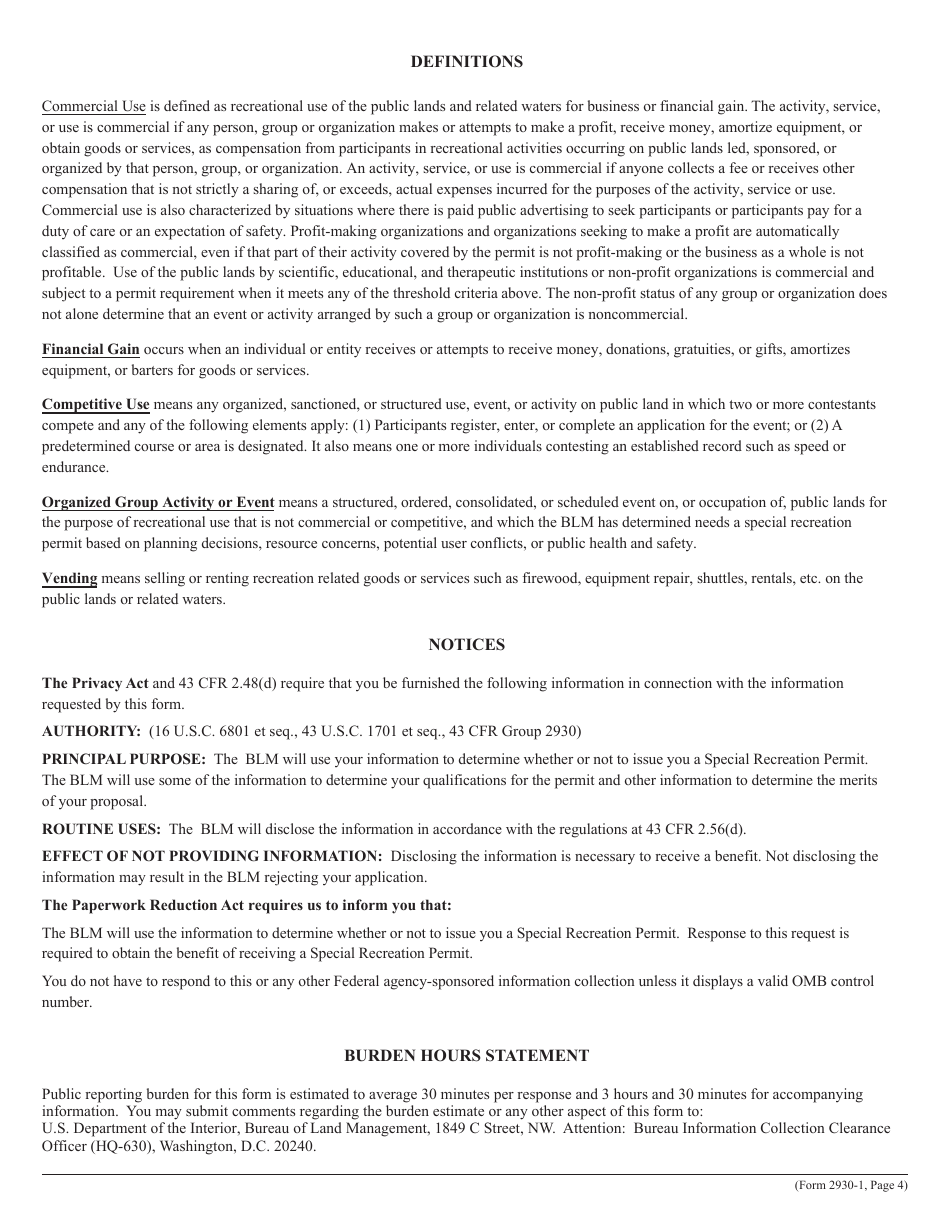 Form 2930-1 Special Recreation Permit Application, Page 4